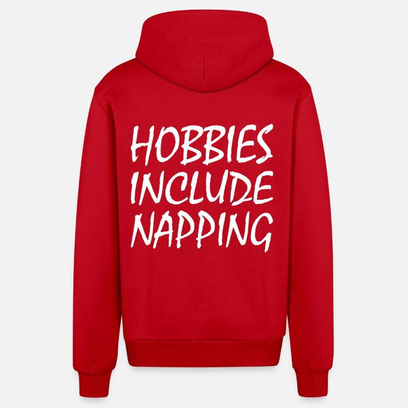 Hobbies include napping - Veste à capuche bio décontractée fabriquée en UE - rouge