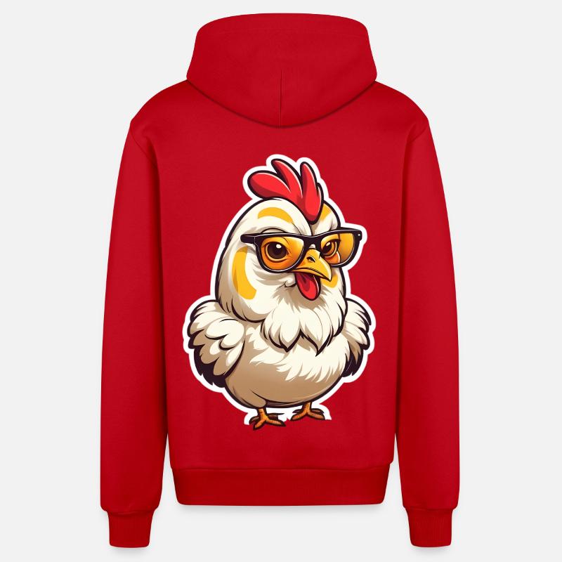 Dessin animé de poulet à lunettes - Veste à capuche bio décontractée fabriquée en UE - rouge