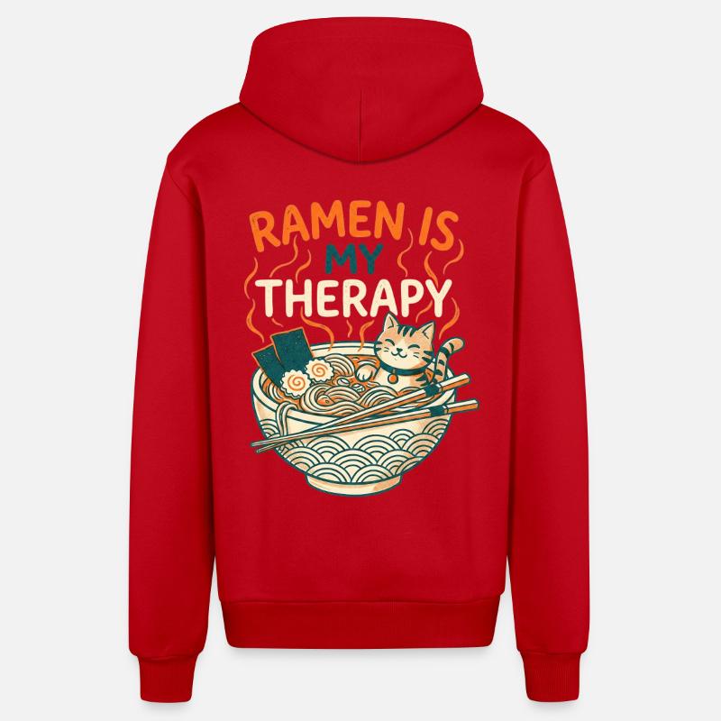 Ramen Therapy Cat - Organic Relaxed Hooded Jacket Made in EU - red