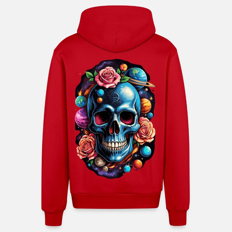 Space Planets Skull - Organic Relaxed Hooded Jacket Made in EU - red