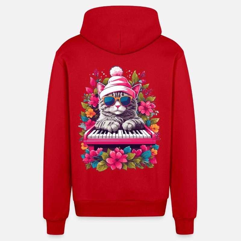 Chat mignon avec piano - Veste à capuche bio décontractée fabriquée en UE - rouge