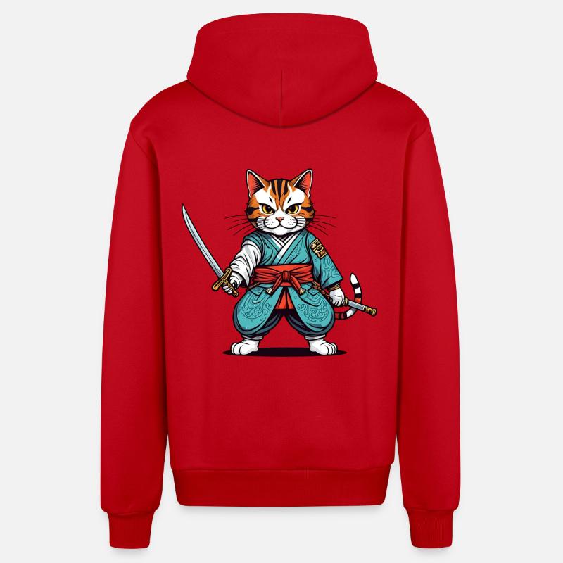 Chat samouraï - Veste à capuche bio décontractée fabriquée en UE - rouge