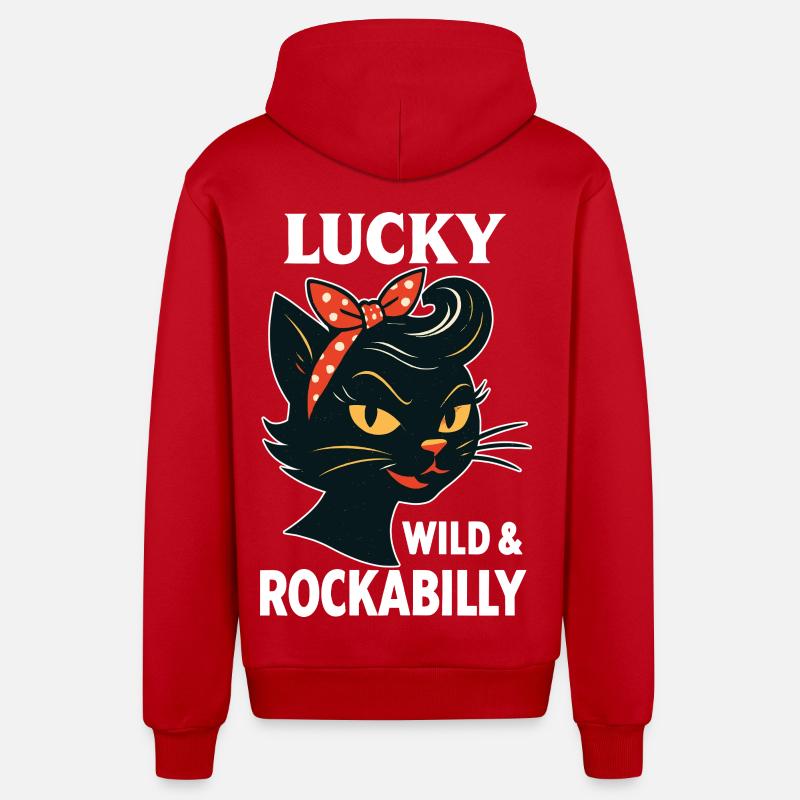 Lucky, Wild & Rockabilly : Black Retro Cat - Veste à capuche bio décontractée fabriquée en UE - rouge
