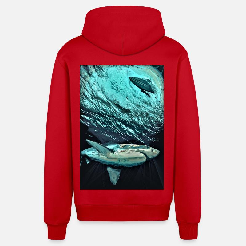 Turquoise Underwater Shark Dynamics - Organic Relaxed Hooded Jacket Made in EU - red