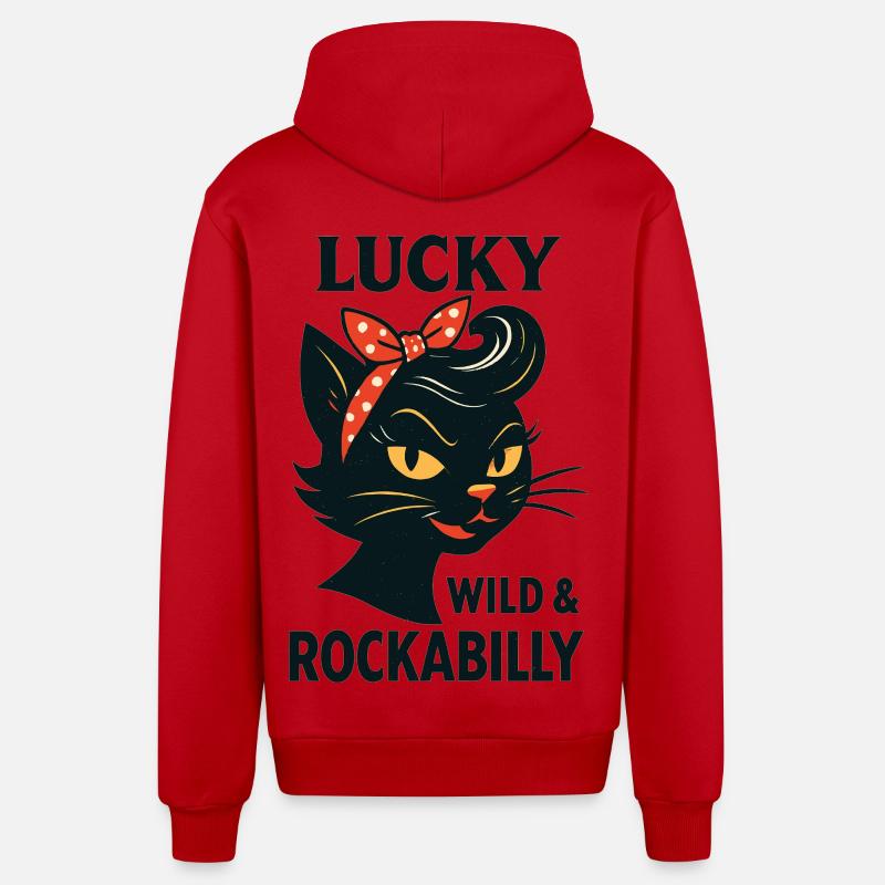 Lucky, Wild & Rockabilly : Black Retro Cat - Veste à capuche bio décontractée fabriquée en UE - rouge