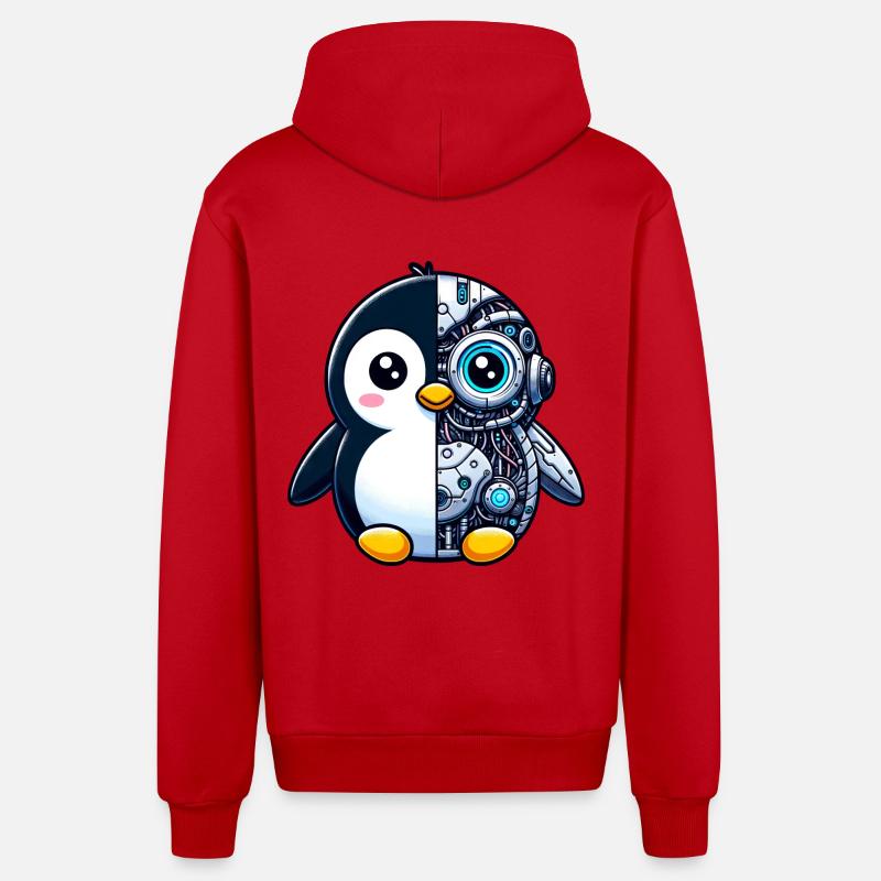 Cute Penguin Cyborg Robot - Organic Relaxed Hooded Jacket Made in EU - red