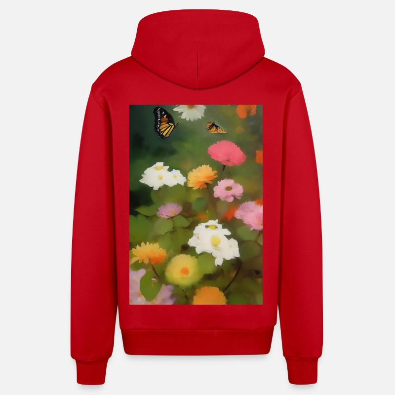Fleurs et papillon - Veste à capuche bio décontractée fabriquée en UE - rouge