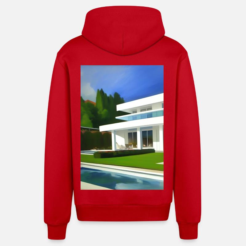 Villa blanche avec piscine - Veste à capuche bio décontractée fabriquée en UE - rouge