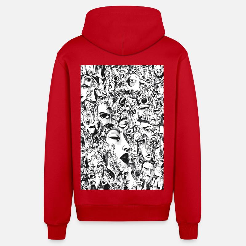 Masken-Mosaik: Gesichtskarussell - Organic Relaxed Kapuzenjacke Made in EU - Rot