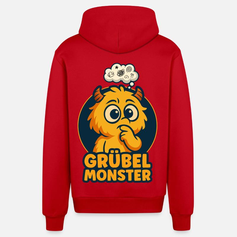 Brooding Monsters – Cute, Thoughtful & Funny - Organic Relaxed Hooded Jacket Made in EU - red