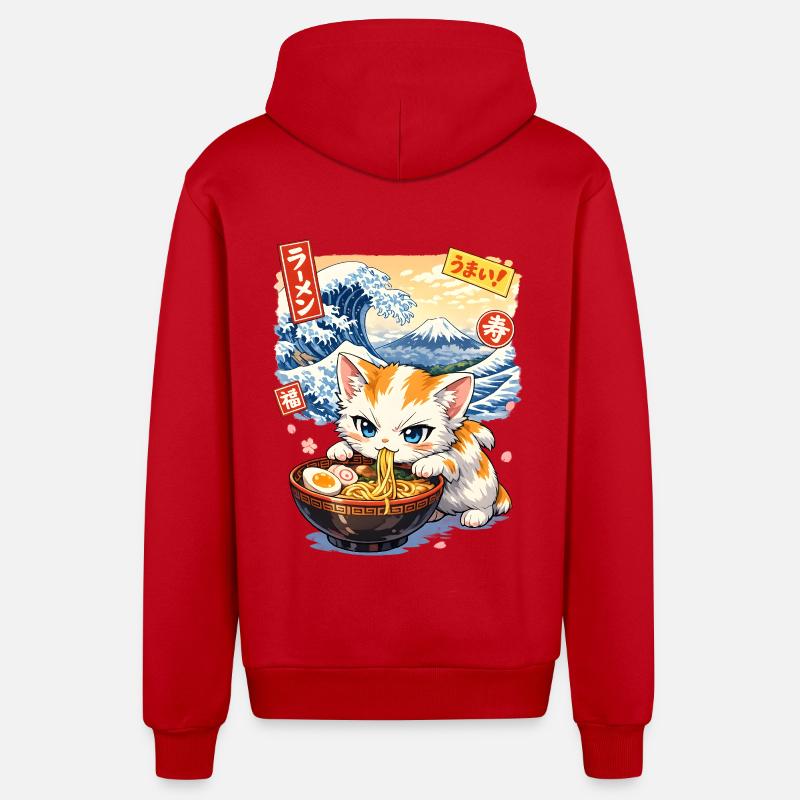 Samouraï Ramen Chat Kawaii - Veste à capuche bio décontractée fabriquée en UE - rouge