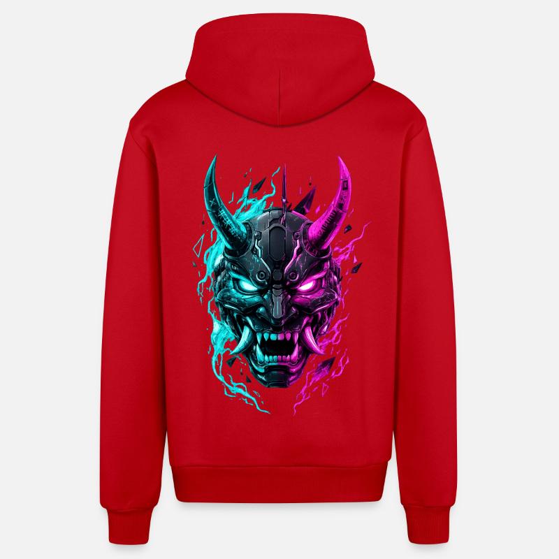 Masque Cyber Oni Néon - Veste à capuche bio décontractée fabriquée en UE - rouge