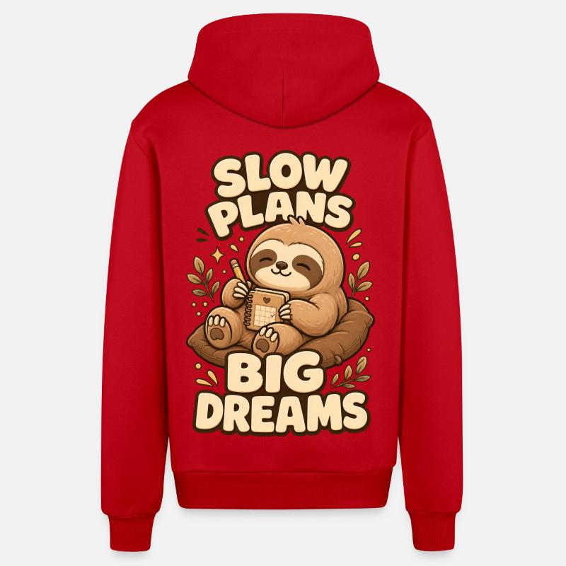 Slow Plans Big Dreams Sloth - Organic Relaxed Hooded Jacket Made in EU - red