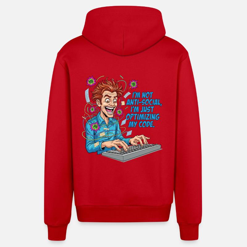 Code Optimizer: Anti-social? Just coding! - Organic Relaxed Hooded Jacket Made in EU - red
