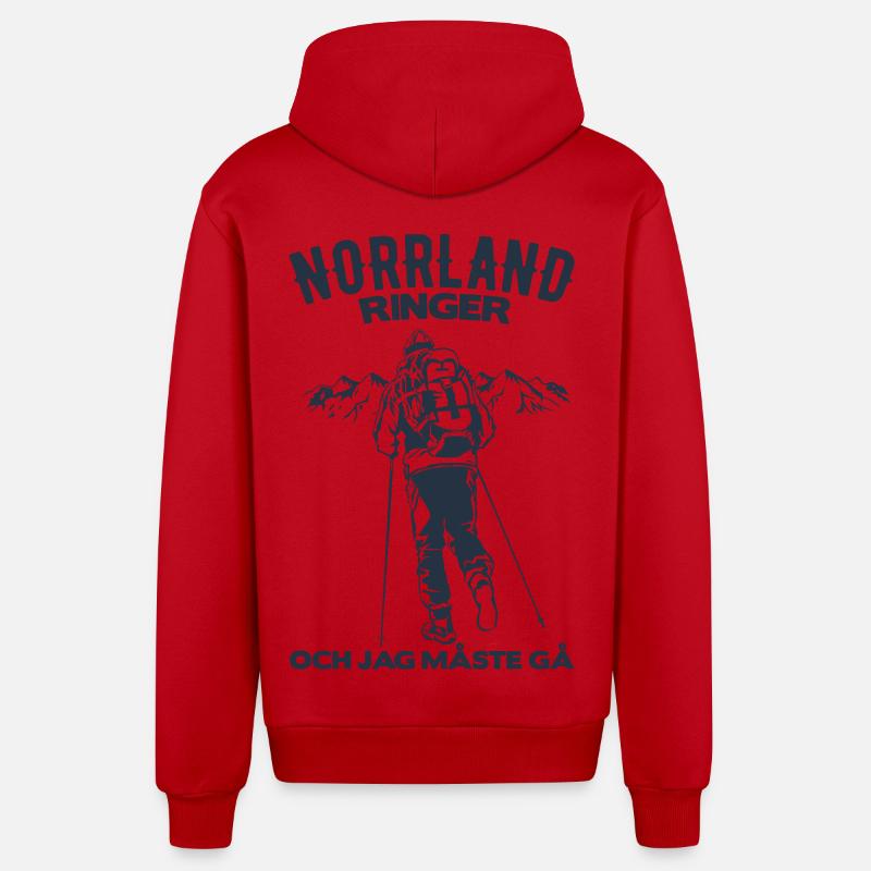 Norrland ringer och jag måste gå - Veste à capuche bio décontractée fabriquée en UE - rouge