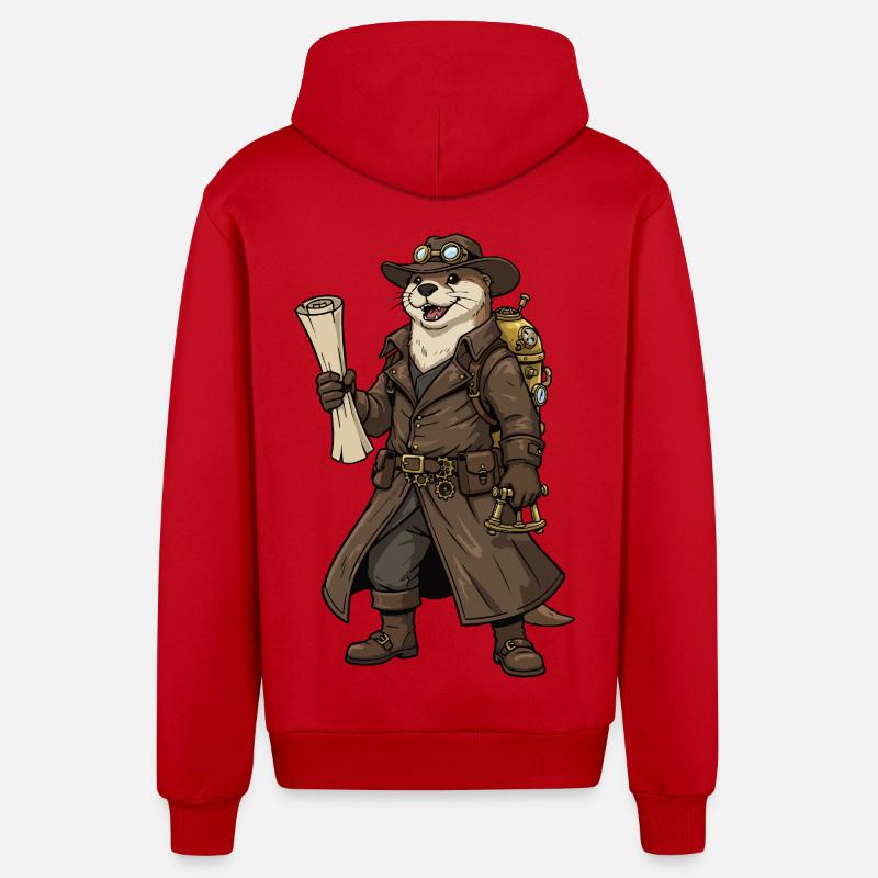 Otter Explorer Steampunk Retro-Kartograph - Organic Relaxed Kapuzenjacke Made in EU - Rot