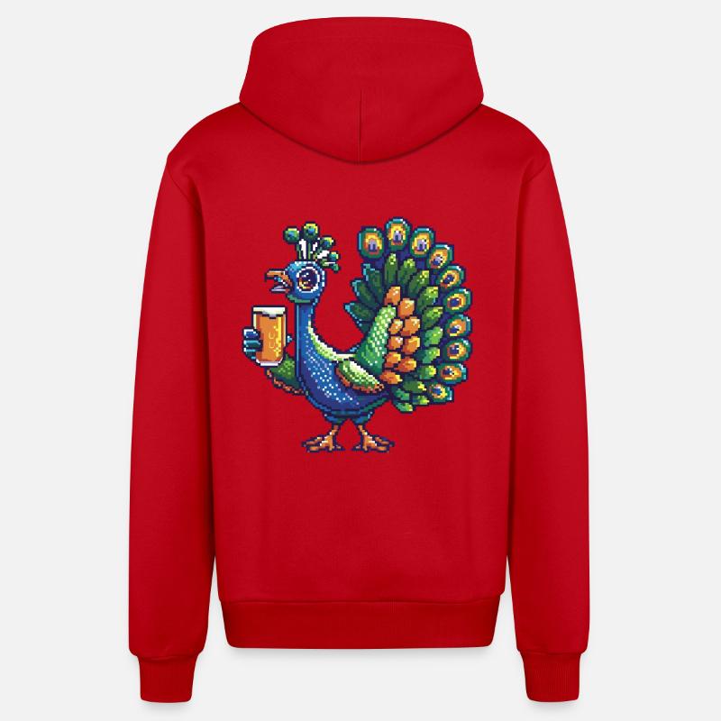 Bière Peacock Bird Pixel - Veste à capuche bio décontractée fabriquée en UE - rouge