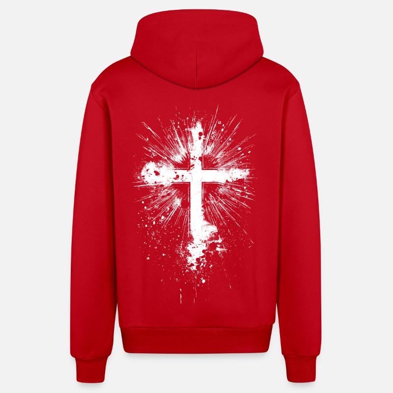 Croix blanche éclaboussée de peinture - Veste à capuche bio décontractée fabriquée en UE - rouge