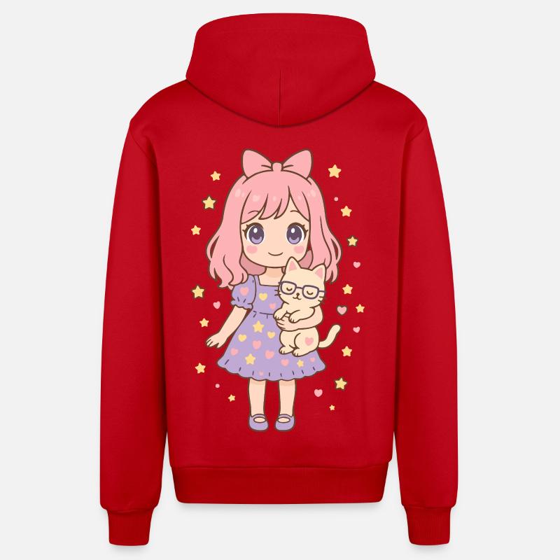 Kleines Mädchen mit Katze von Helfspawn - Organic Relaxed Kapuzenjacke Made in EU - Rot