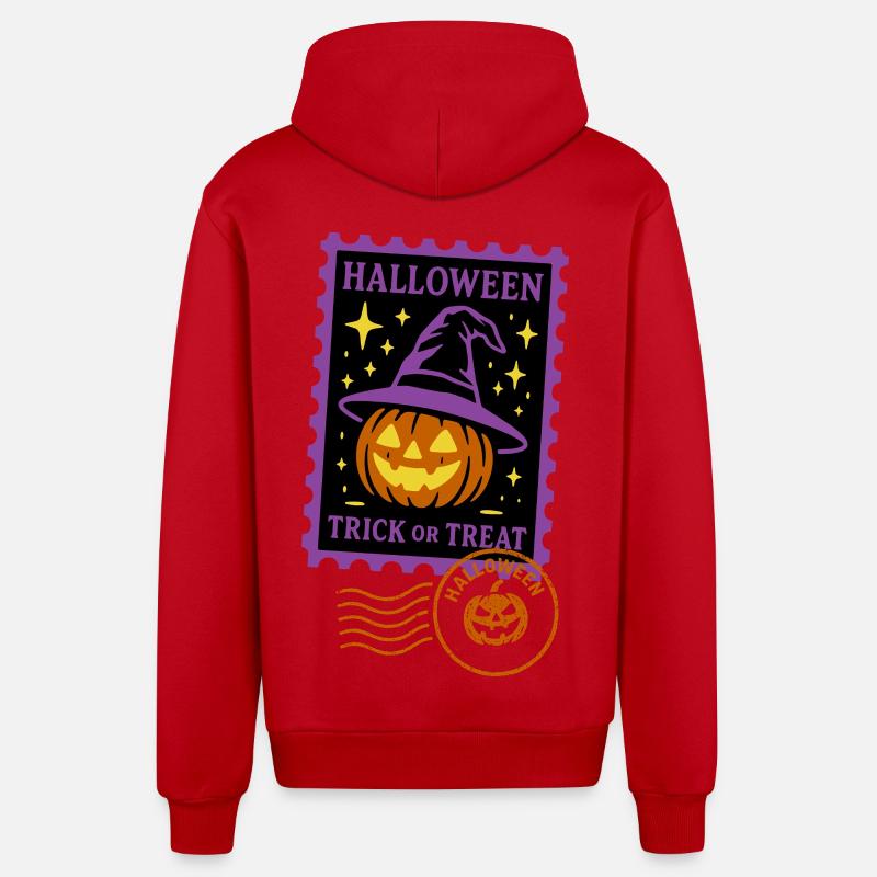 Timbre-poste - Citrouille d'Halloween avec chapeau magique - Veste à capuche bio décontractée fabriquée en UE - rouge