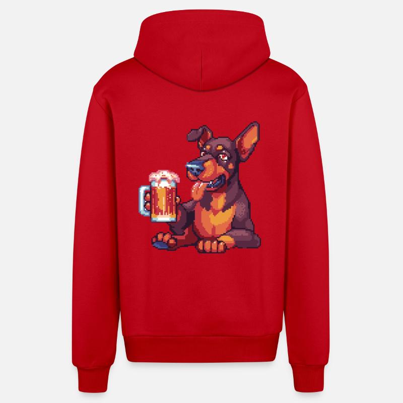 Doberman Chien Pixel Bière - Veste à capuche bio décontractée fabriquée en UE - rouge