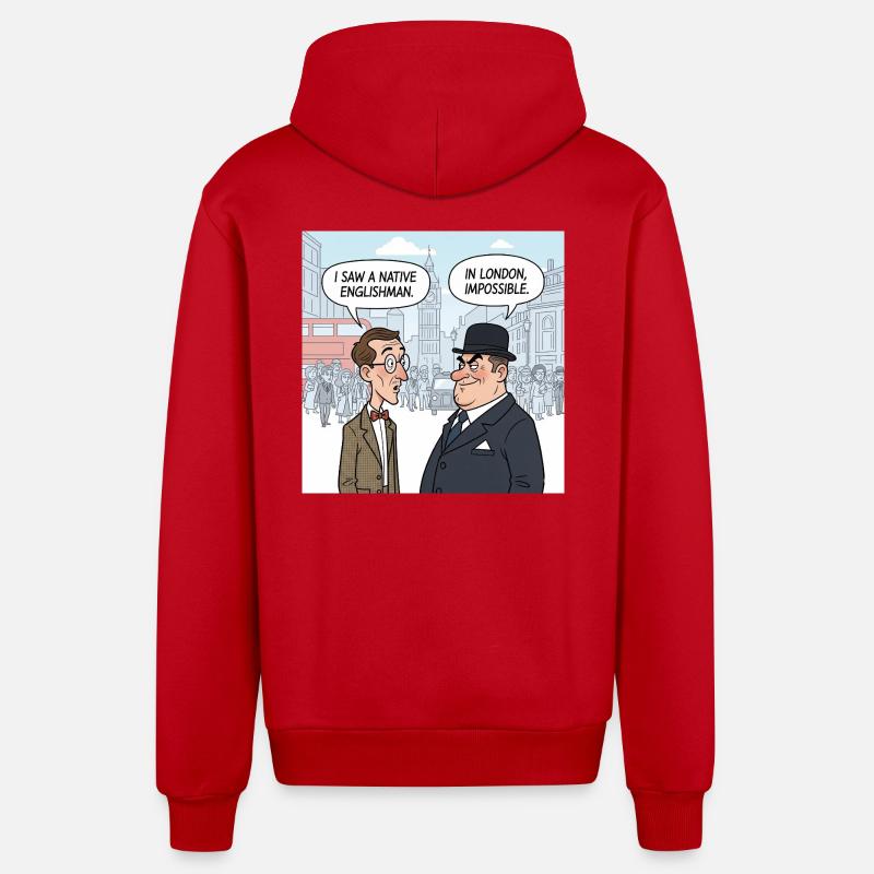 Illustration d’un Anglais natif de Londres - Veste à capuche bio décontractée fabriquée en UE - rouge