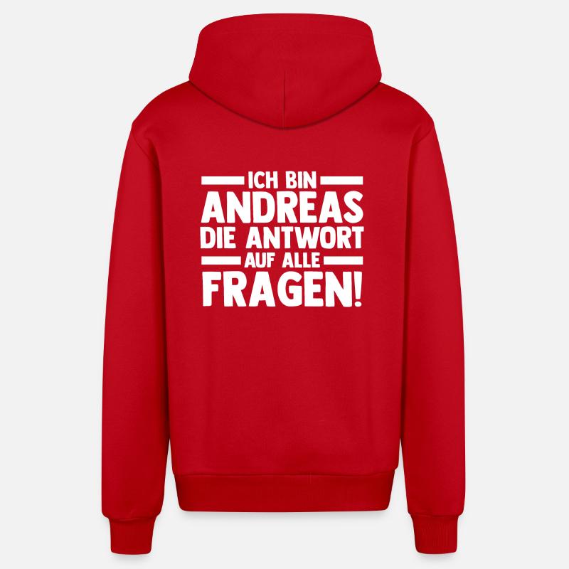 Prénom Andreas - Veste à capuche bio décontractée fabriquée en UE - rouge