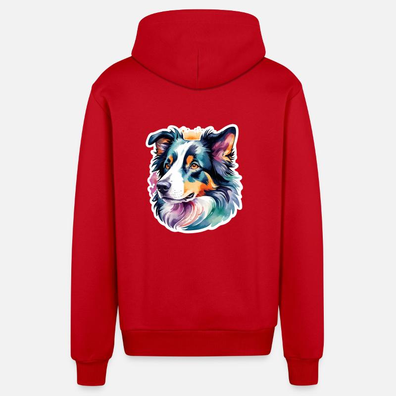 Border Collie Aquarelles - Veste à capuche bio décontractée fabriquée en UE - rouge