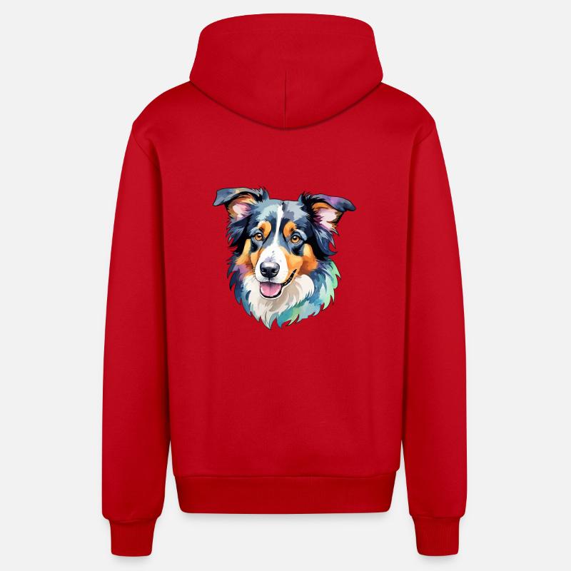 Border Collie Aquarelles - Veste à capuche bio décontractée fabriquée en UE - rouge