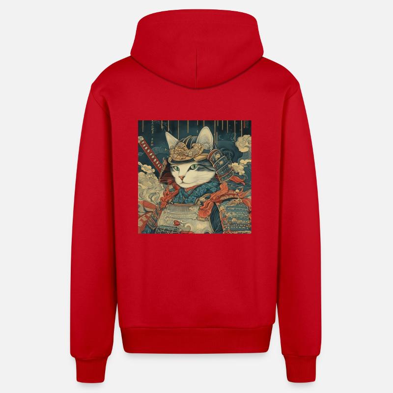 Chat Samouraï Japon Ukiyo-E - Veste à capuche bio décontractée fabriquée en UE - rouge