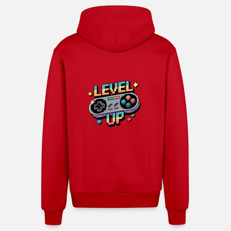 Level Up - Manette de jeu - Veste à capuche bio décontractée fabriquée en UE - rouge
