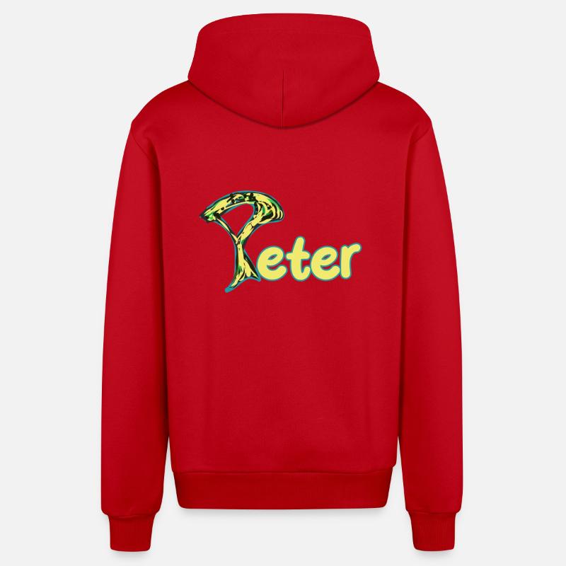 Texte jaune astucieux de Peter - Veste à capuche bio décontractée fabriquée en UE - rouge