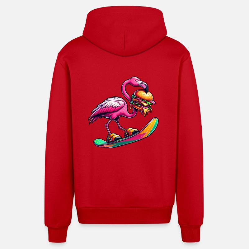Flamingo Snowboarder with Burger - Organic Relaxed Hooded Jacket Made in EU - red
