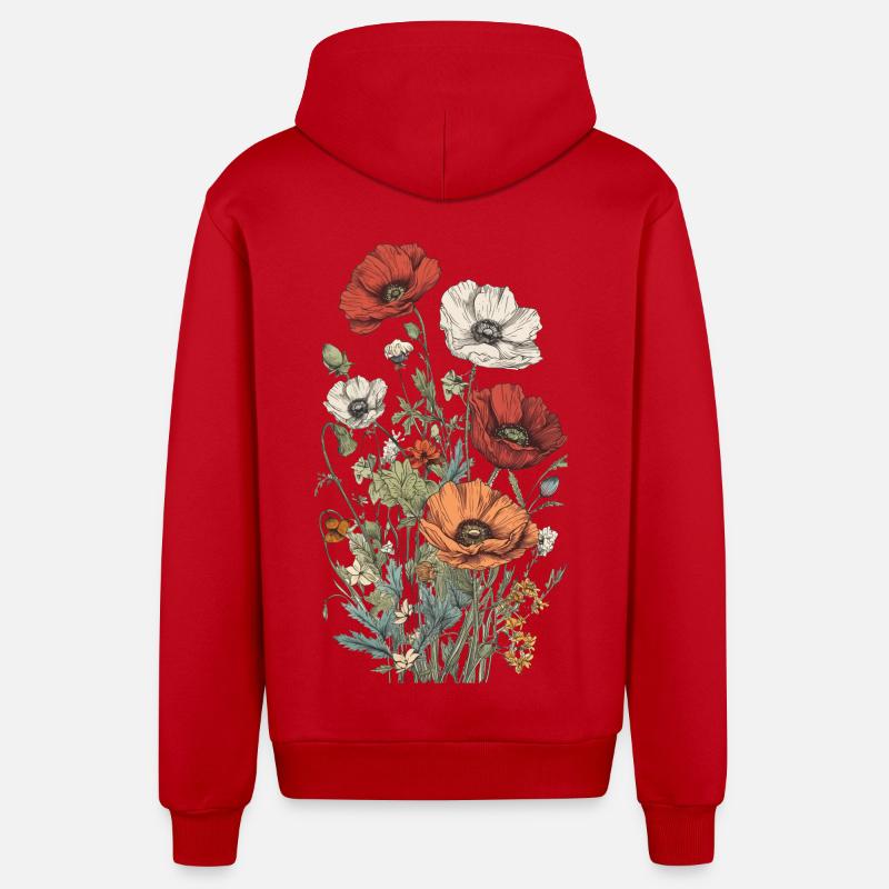 Wunderschönes Boho Mohn Herbarium Bouquet - Organic Relaxed Kapuzenjacke Made in EU - Rot