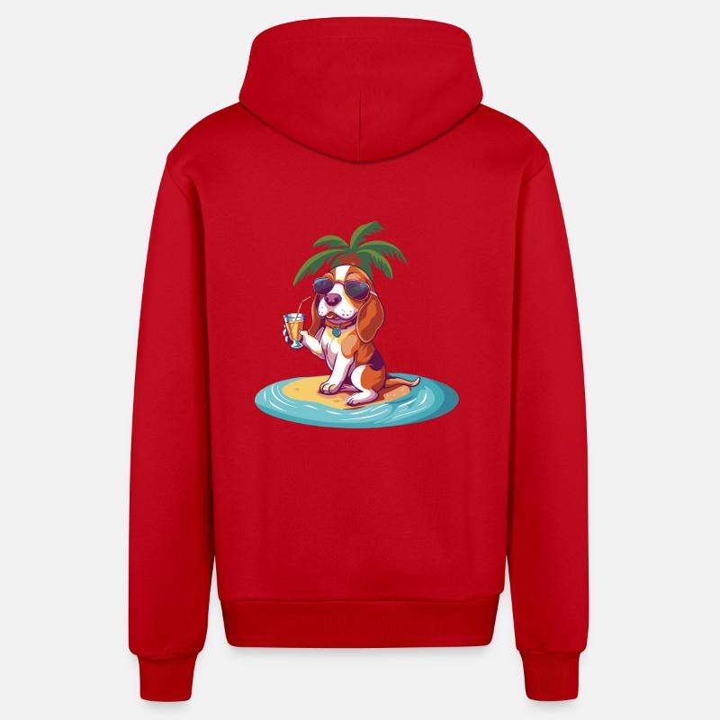 Beagle Dog Summer Beach Comic - Organic Relaxed Hooded Jacket Made in EU - red