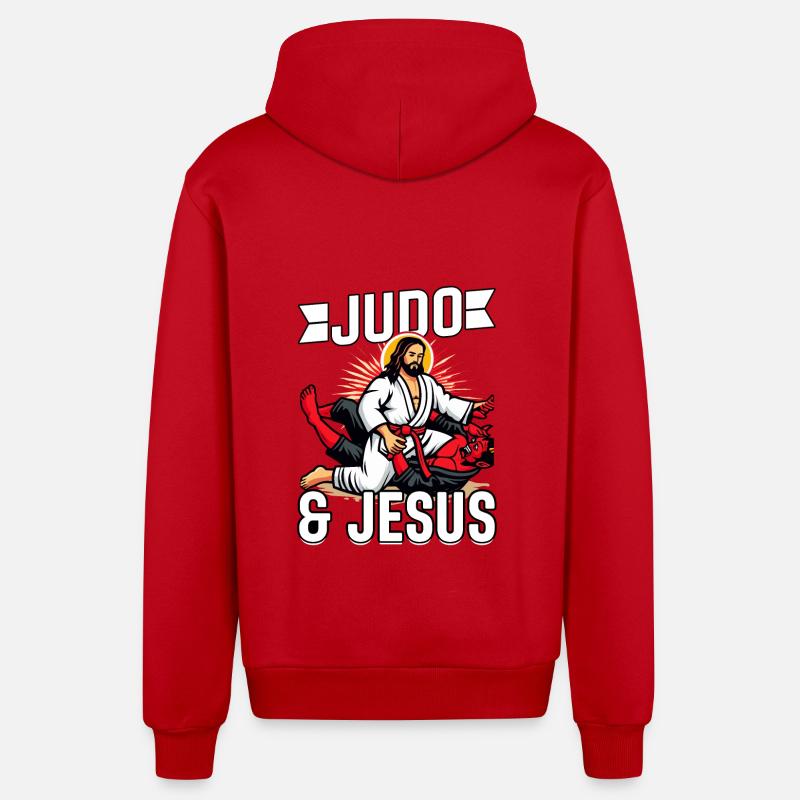 Le judo et Jésus - Veste à capuche bio décontractée fabriquée en UE - rouge
