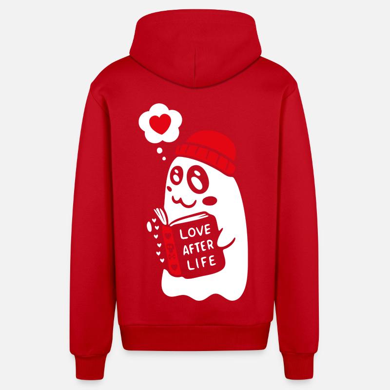 Cute Ghost Reading Romantic Book - Organic Relaxed Hooded Jacket Made in EU - red