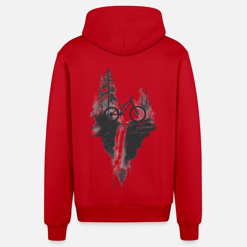 VTT, forêt, paysage, cascade, aventure - Veste à capuche bio décontractée fabriquée en UE - rouge