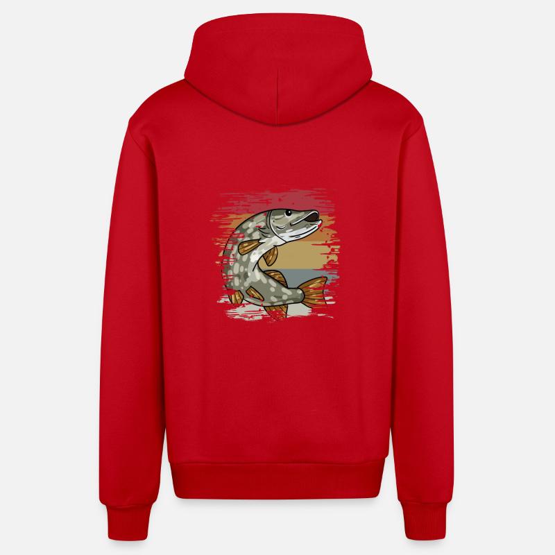 Brochets de pêche rétro - Veste à capuche bio décontractée fabriquée en UE - rouge