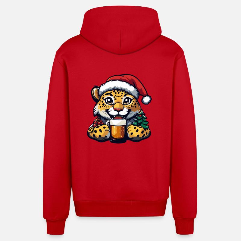 Léopard Noël Bière Drôle - Veste à capuche bio décontractée fabriquée en UE - rouge