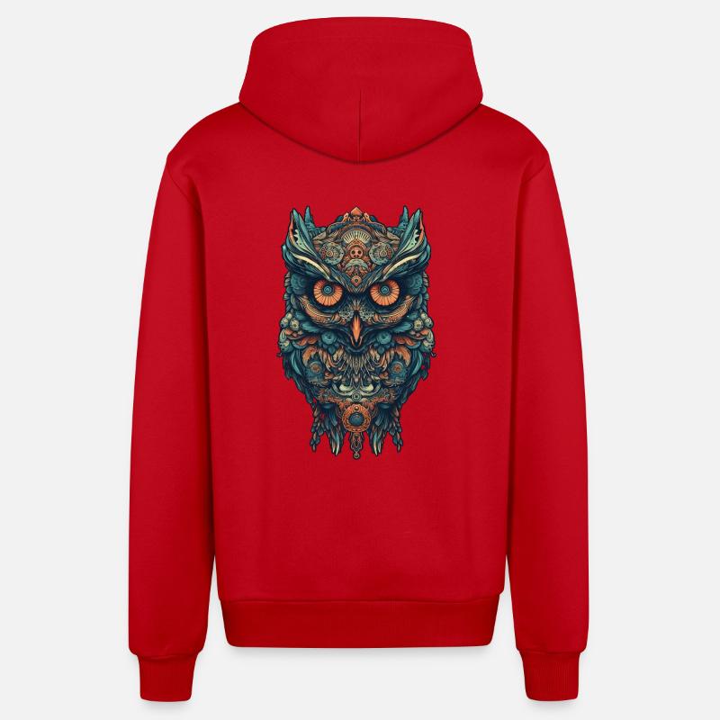 Mythical boho owl with surreal patterns - Organic Relaxed Hooded Jacket Made in EU - red