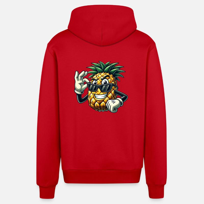 Pineapple Fruit Comic with Sunglasses - Organic Relaxed Hooded Jacket Made in EU - red