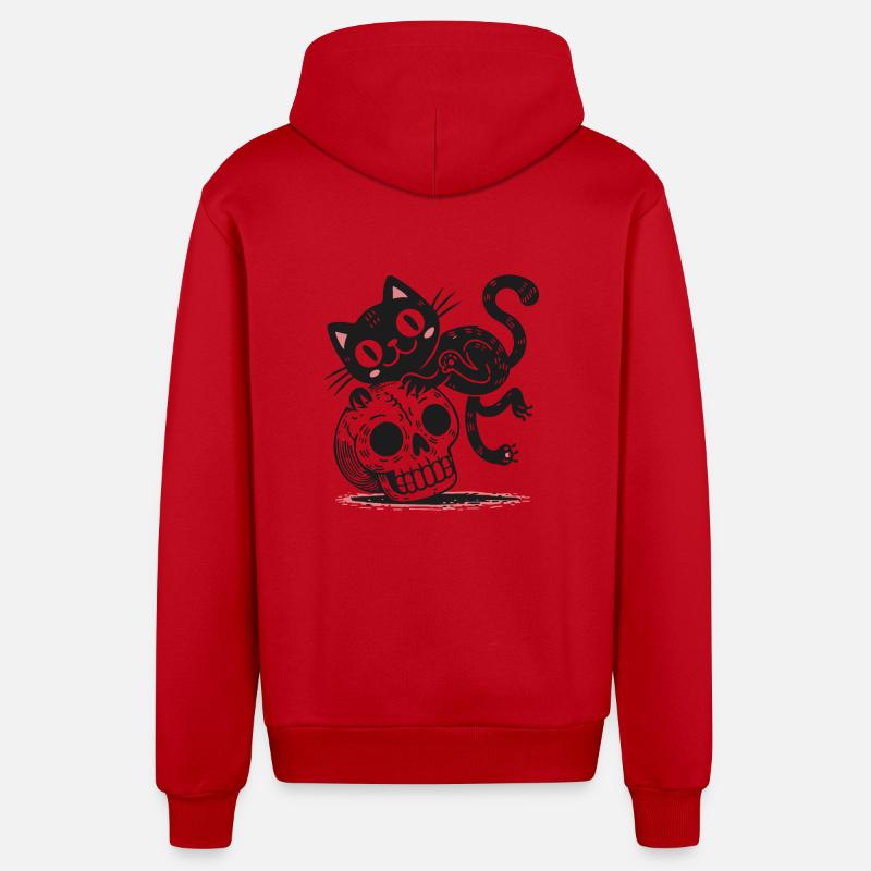 Chat noir et crâne - Veste à capuche bio décontractée fabriquée en UE - rouge
