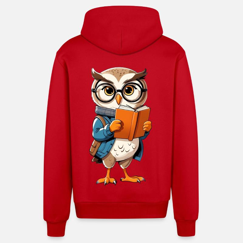 Lernende Eule mit Brille liest Buch - Organic Relaxed Kapuzenjacke Made in EU - Rot
