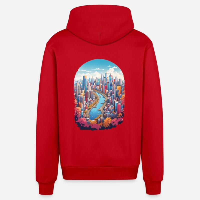 Paysage urbain - Veste à capuche bio décontractée fabriquée en UE - rouge