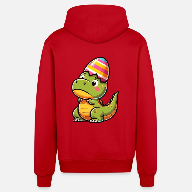 Easter T-Rex in Eggshell, Clumsy - Organic Relaxed Hooded Jacket Made in EU - red