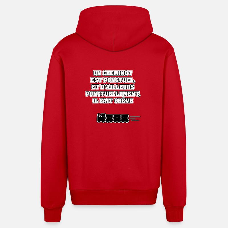 UN CHEMINOT EST PONCTUEL, ET D'AILLEURS... - Veste à capuche bio décontractée fabriquée en UE - rouge