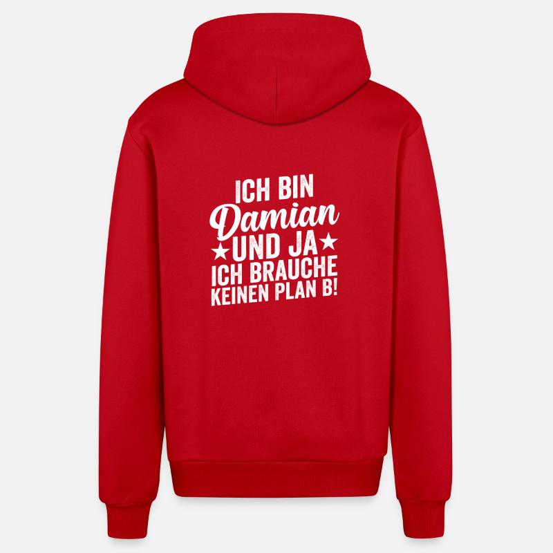 Prénom Damian - Veste à capuche bio décontractée fabriquée en UE - rouge