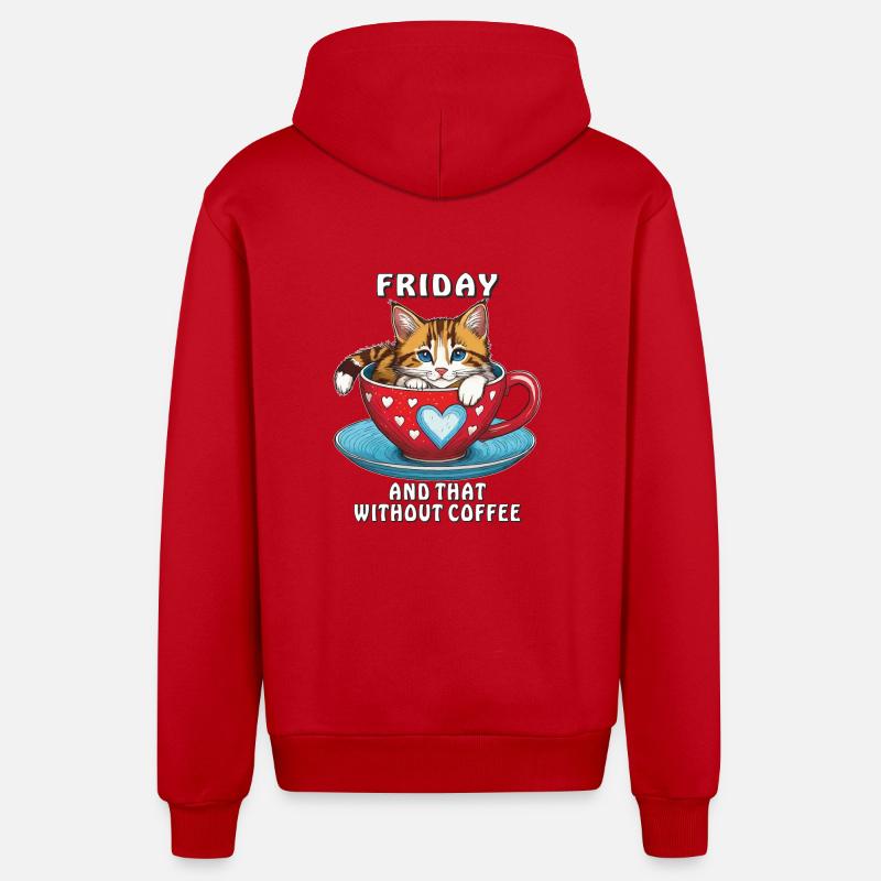 CAT COFFEE MUG FRIDAY COFFEE - Organic Relaxed Hooded Jacket Made in EU - red