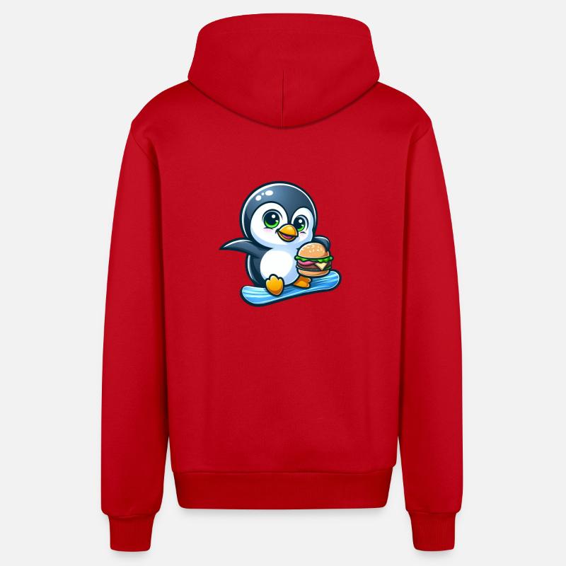 Cool pingouin snowboarder avec burger - Veste à capuche bio décontractée fabriquée en UE - rouge